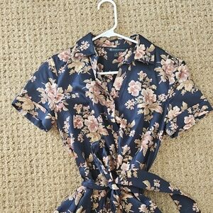Brooks Brothers Navy Floral Button Up Dress With Belt Tie.